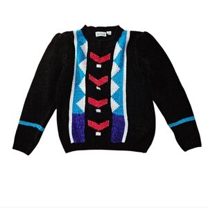 Vtg Shenanagins Black Chenille Sweater with Bright Geometric Pattern Sz M